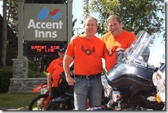 Bill Wellbourn and Dave Valentine with the Westcoast Ride to Live standing at the Accent Inn Victoria